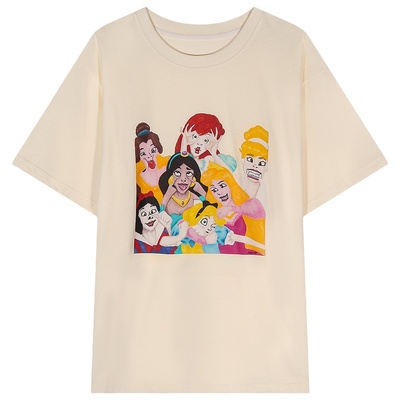 今屿花花米色印花短袖女t恤夏