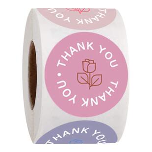 500张/卷玫瑰花谢谢贴纸4种颜色圆形礼盒包装封口贴不干胶贴标纸