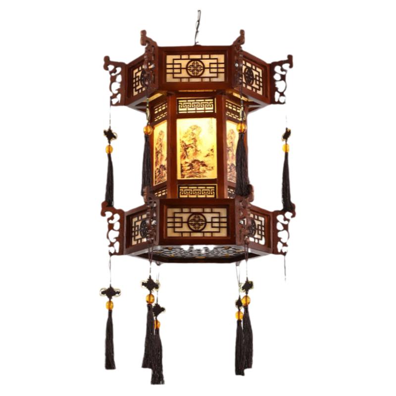 中式實木吊燈餐廳陽臺燈具仿古長廊茶樓飯店祠堂紅燈籠羊皮燈門口