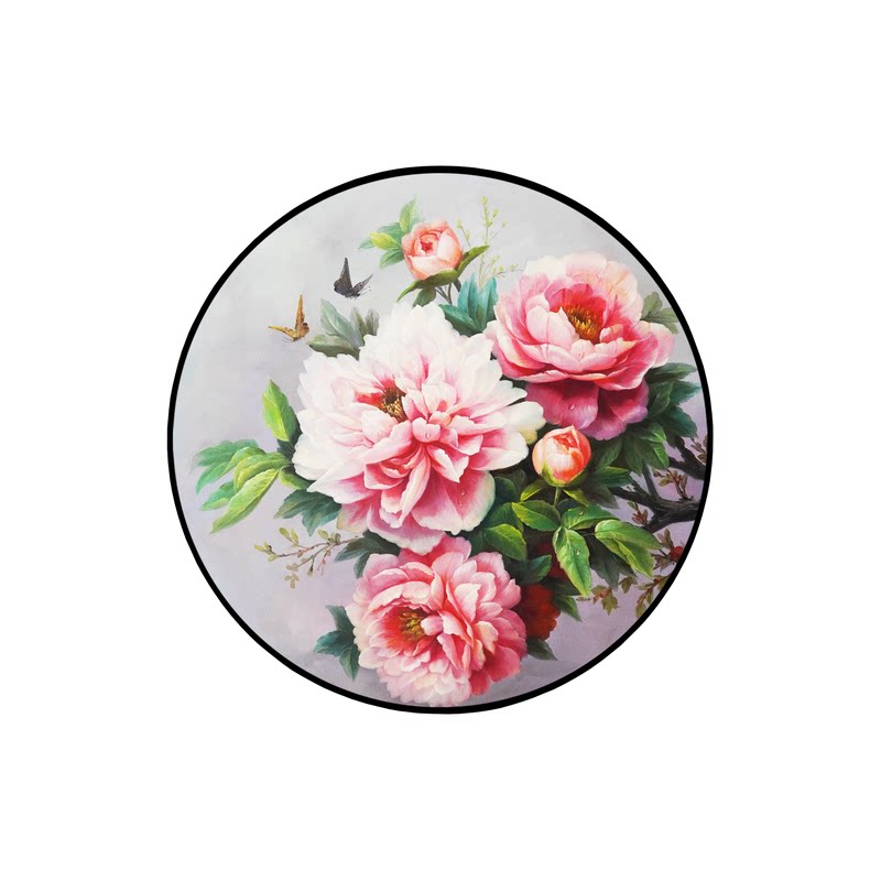 手绘牡丹花卉油画花开富贵装饰画新中式玄关餐厅客厅书房圆形挂画