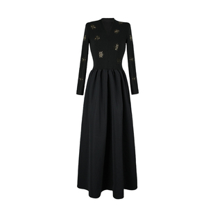 大婷婷 法式新款烫钻太阳花长袖时尚显瘦气质秋季连衣裙DT1600