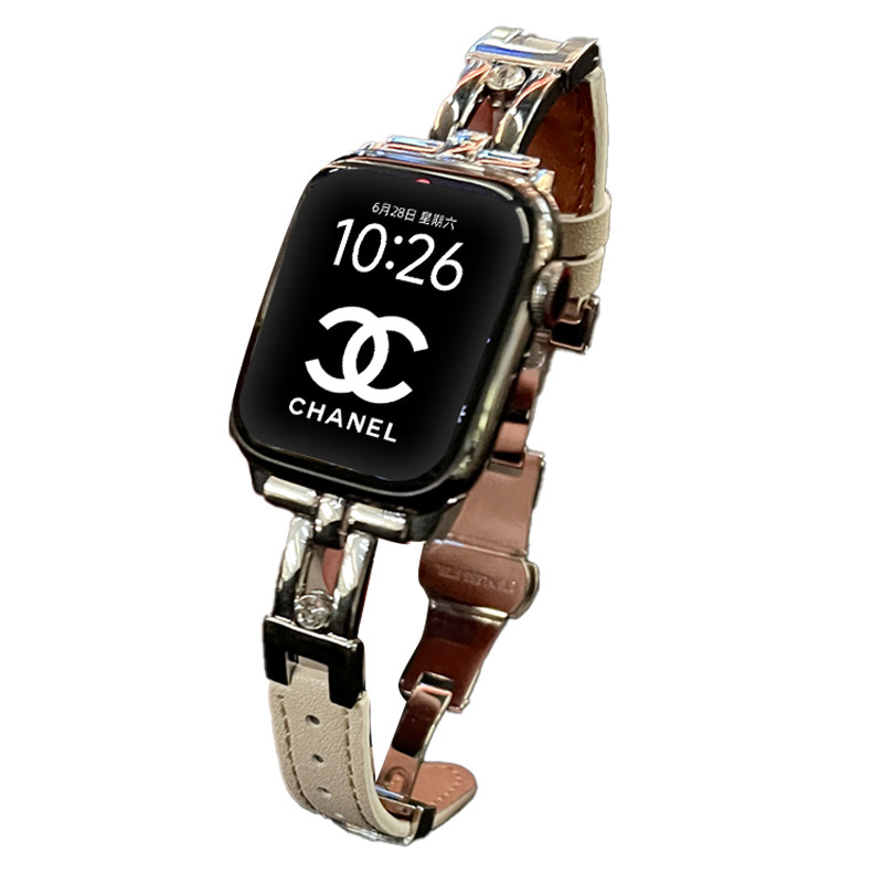 适用iwatch11手表表带S10苹果applewatch9春夏季S10新款S8皮质7金属滑梯扣S7透气S6代SE2女高级智能替换腕带