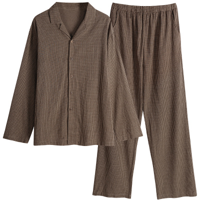 男士睡衣秋冬季梭织纯棉磨毛套装