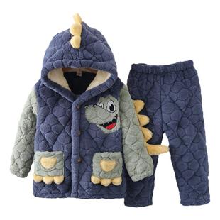 冬季男童法兰绒三层夹棉儿童睡衣加厚珊瑚绒中大童男孩家居服套装