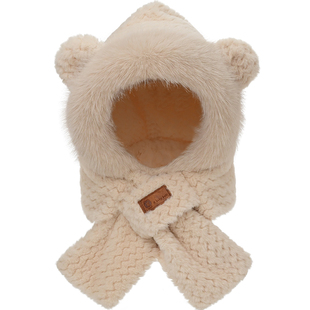 毛绒小熊帽子围巾一体帽儿童保暖女秋冬季成人护耳电动车挡风围脖