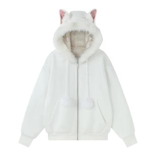 BJHG不计后果猫耳朵加绒连帽卫衣外套男女款冬季情侣棉服加厚夹克