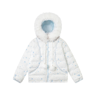 文文不乖原创甜美雪花印花毛领连帽棉服女冬季学院风加厚保暖棉衣