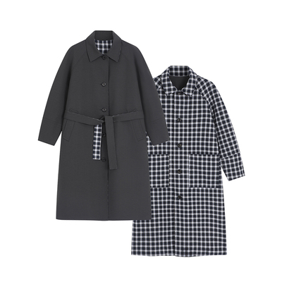 Bobbybecky经典复古简约休闲撞色格子质感正反两穿风衣