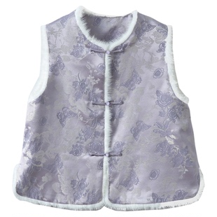 一丝牵 填充90%蚕丝棉丝毛织金提花棉服马甲女拼接毛条加厚外套冬