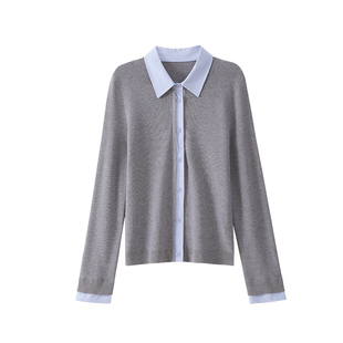 OSA欧莎翻领假两件毛针织衫女2025秋季新款高级灰包芯纱开衫上衣