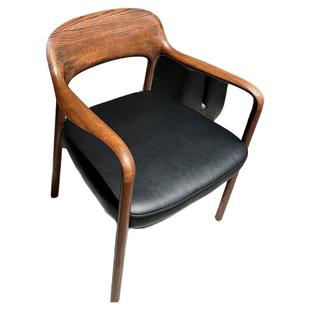 素木设计师中古黑胡桃真皮餐椅扶手椅靠背椅轻奢主人椅茶椅接待椅