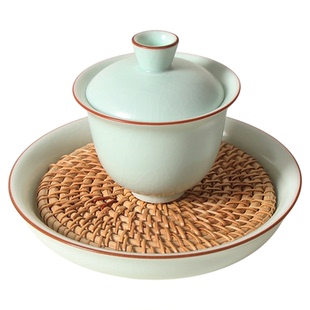 三才盖碗单个豆青汝窑家用泡茶碗陶瓷开片蓄水壶承盘功夫茶具茶碗