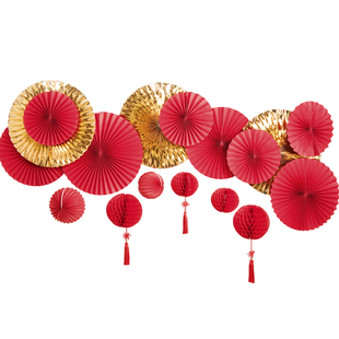马年新年装饰2026过年周年庆拉花布置公司年会背景氛围纸扇红灯笼
