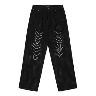 VAMOZ 泥染刀割链条牛仔裤  做旧水洗 双褶宽松直筒 Dirty Fit