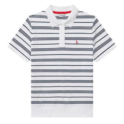 哈吉斯宽松双色间条纹polo短袖
