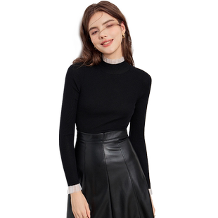 2025秋季新款毛衣木耳边内搭羊毛衫蕾丝半高领针织打底衫女长袖薄