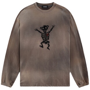 WE11DONE中性男女同款骷髅泰迪熊印花休闲宽松长袖T恤
