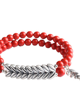 天然朱砂足银麦穗双圈手串男女款