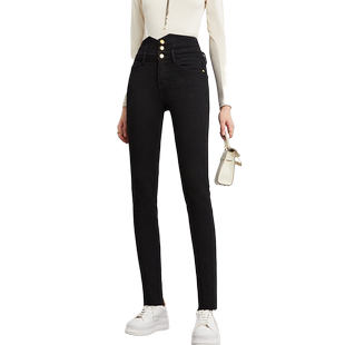 DPLAY【黑标】2025春新品黑色高腰小脚裤水洗牛仔裤铅笔裤女裤