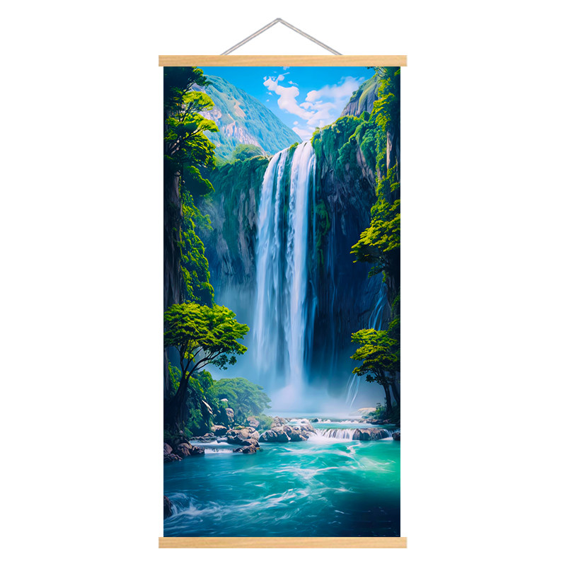 新中式瀑布流水生财玄关挂画入户现代装饰画