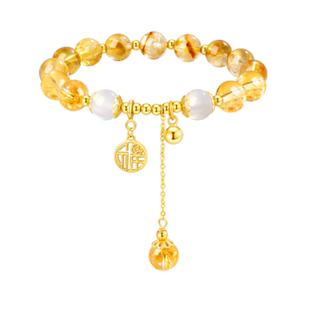 中国黄金央创天然黄水晶手串女款招财手链纯银生日礼物送女友S925