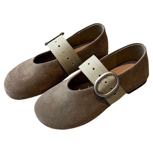 【TFM】2026春季新款牛反绒勃肯鞋女复古一字扣带平底奶奶鞋单鞋
