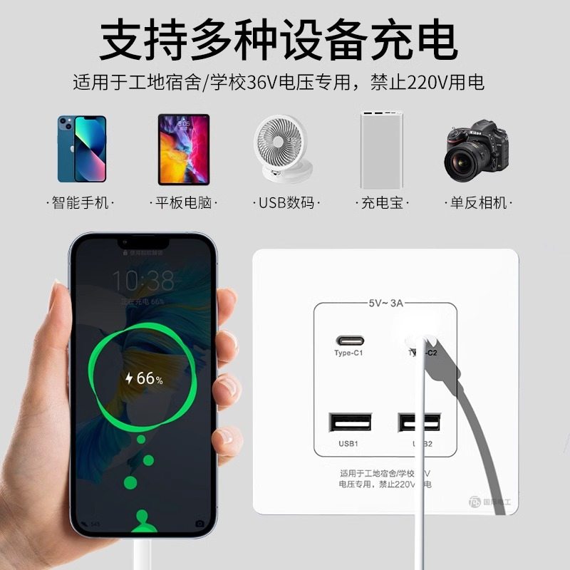 86型220V工地宿舍暗10W充快快USB双插座智能口插座面板充装TYPE-C