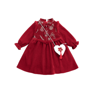 中国风女童连衣裙红色新年衣服拜年服儿童加绒裙子冬季长袖公主裙