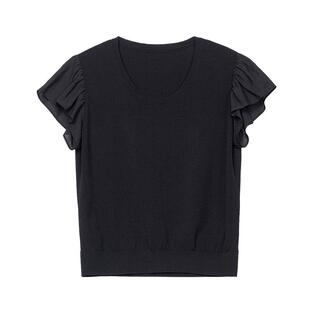 [专柜同款]Yifini/易菲荷叶边短袖U领宽松时尚短款针织衫女毛衫