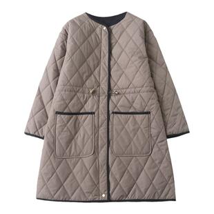 外贸冬季新款棉衣通勤日系菱格无领中长款轻薄棉服女双面穿棉衣春