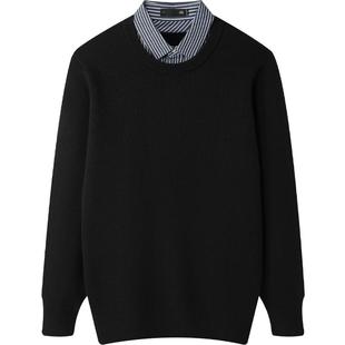 HLA/海澜之家轻商务加绒双领针织衫24秋冬新黑色厚款假两件毛衣男