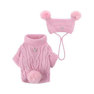 NanaJacqueline宠物衣服猫咪狗狗节日可爱毛球高领毛织套装含帽子