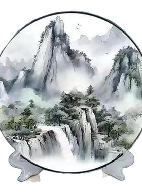 花开富贵摆件山水画圆形桌面摆台中式圆盘摆件客厅玄关书房装饰画