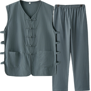 夏季薄款棉麻中老年爸爸中式汗背心马甲长裤两件套汉马褂老头衫男