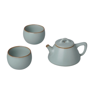 青澹汝窑茶壶套装景德镇陶瓷一壶二杯复古汝瓷手工茶具石瓢礼盒装