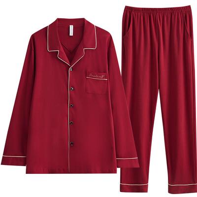 芬腾情侣针织纯棉大红家居服睡衣