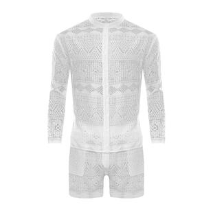 欧美风男士夏季大码性感镂空长袖上衣休闲短裤套装纯色走秀演出款