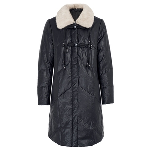 马天奴秋冬新款黑色水貂毛领盘扣羽绒服中长款保暖加厚外套时尚