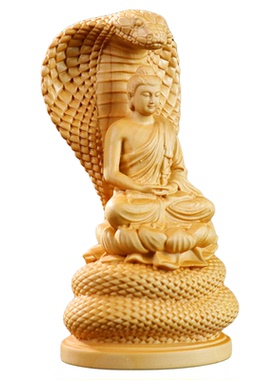 黄杨木雕蛇佛释迦牟尼佛蛇护佛大日如来佛像木质雕刻家居装饰摆件