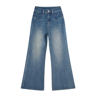 小个子复古蓝微喇阔腿裤女