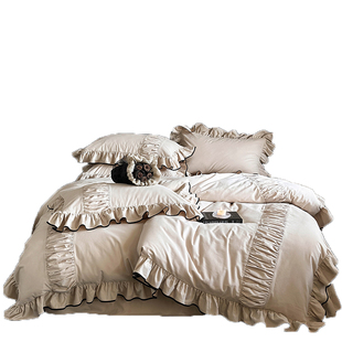 法式奶油花边加厚四件套全棉高级感冬季磨毛床单公主纯棉床上被套