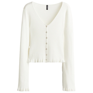 HM女装毛针织衫春季修身打底衫单排扣梅红色褶边开衫1289678