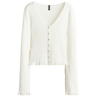 HM女装毛针织衫冬季修身打底衫单排扣梅红色褶边开衫1289678