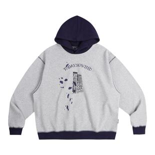 todaynowind 印花拼接连帽卫衣 宽松拼色重磅日系情侣