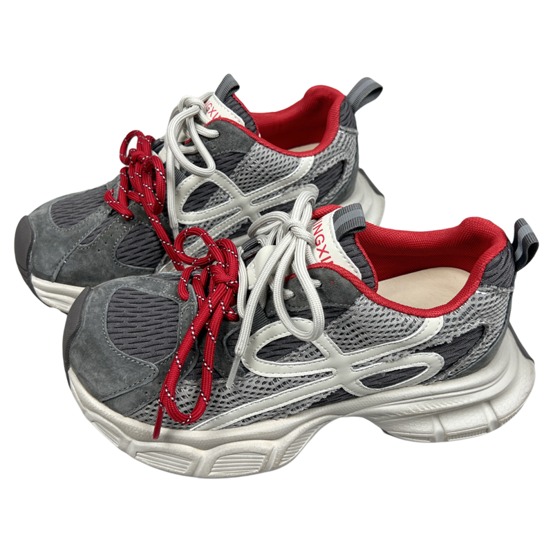 真皮双鞋带老爹鞋女2025秋冬新款网面透气轻便加绒厚底休闲运动鞋