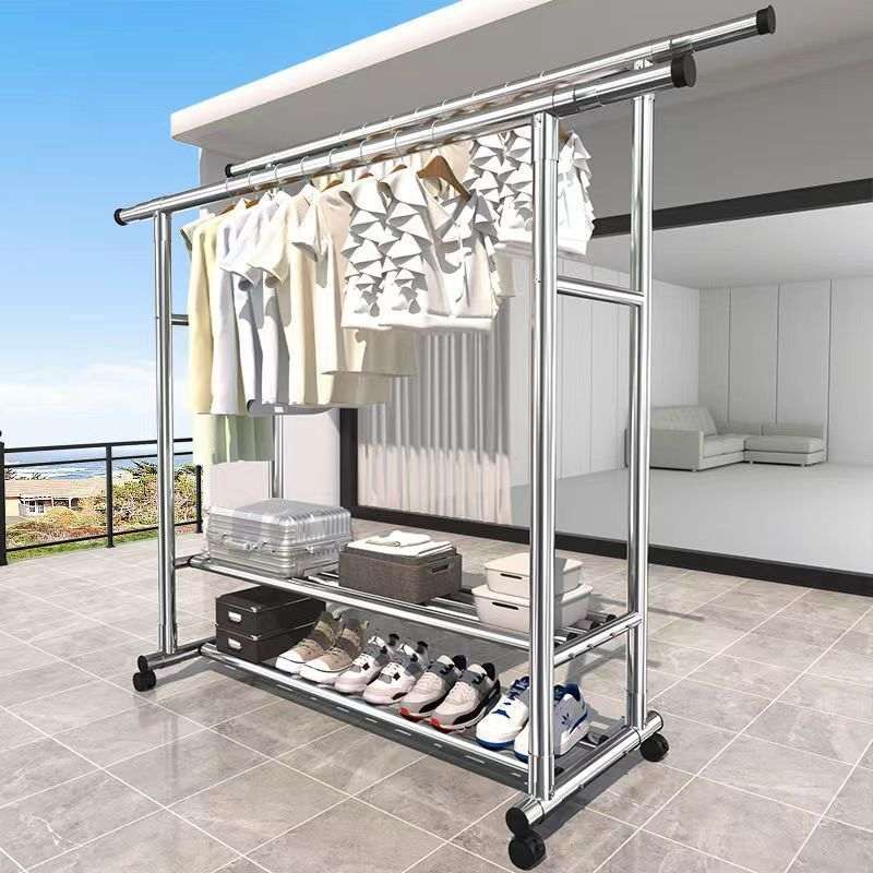 不锈钢晾衣架落地立式特粗家用阳台晾衣杆可移动挂衣架伸缩晒衣架