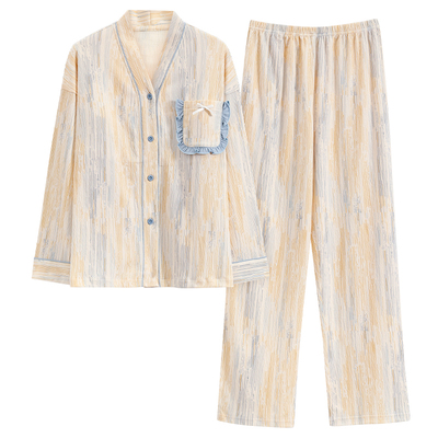 女棉自带胸垫一体长袖和服家居服