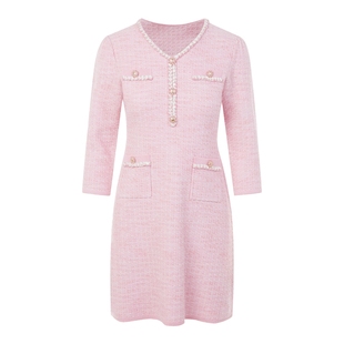 LIME莱茵新款针织连衣裙灰粉色Y字领减龄宽松收腰小香风