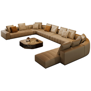 大户型真皮U型沙发别墅超大客厅古德曼钢琴键弧形转角意式奶棕色