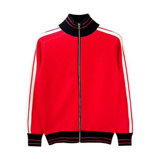 秋冬新款潮流红色半高领毛衣男款休闲拼色条纹拉链针织开衫外套男